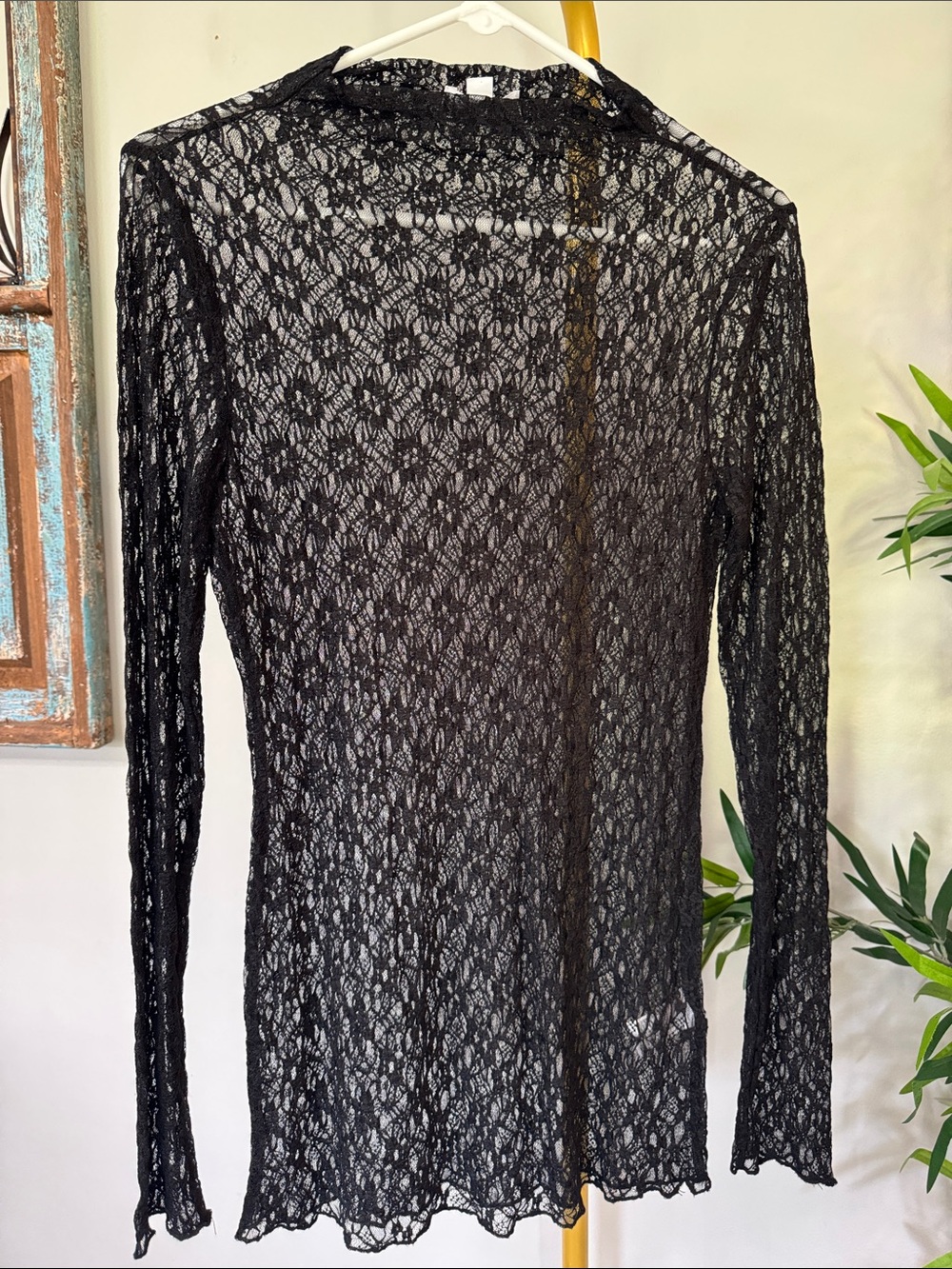 Bar III Black Sheer Lace Long-Sleeve mock turtleneck Top EUC S